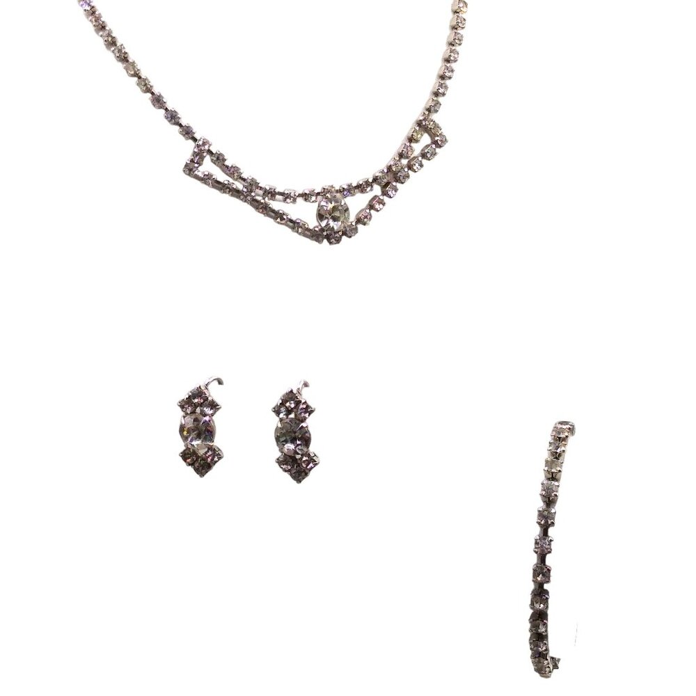 Art Deco Parure, Vintage Crystal Choker, Tennis Bracelet, Earrings, Silver Tone